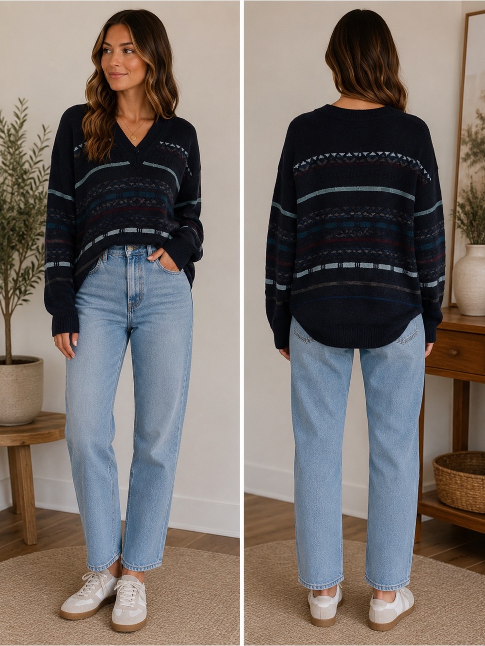 Vineyard Vines Black V-Neck Sweater with Multi-Stripe Detail